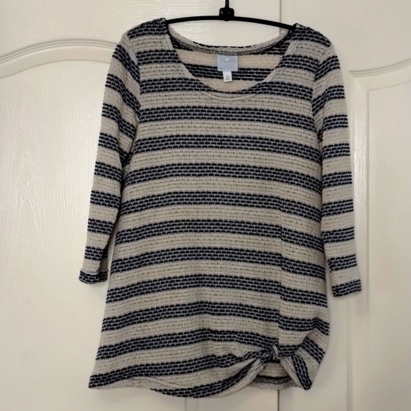 SUNDAY blouse top medium  blue cream stripe texture twist bottom elbow sleeve - Picture 1 of 6